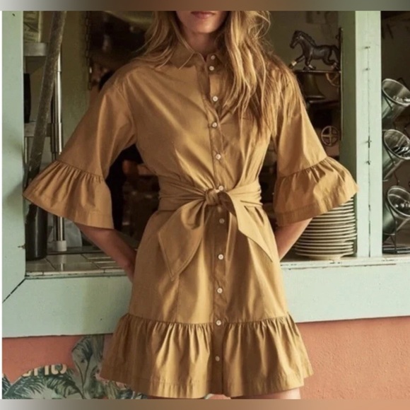 NWT VERONICA BEARD Luriane Poplin Tie Waist Khaki Flounce Sleeve Cotton Dress - Picture 5 of 14